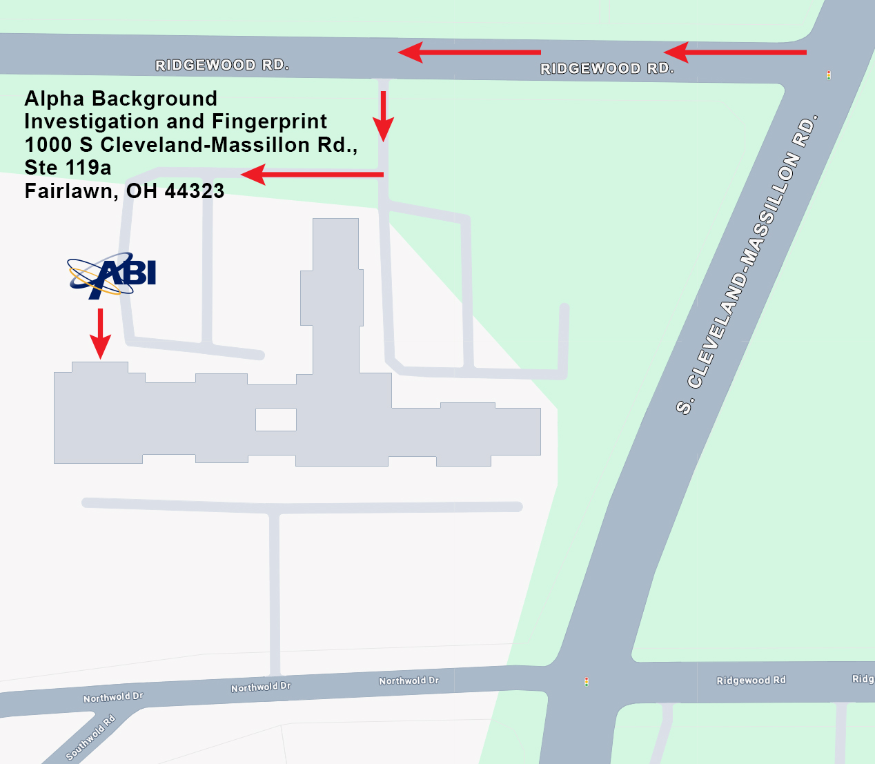 ABI-office-map3 - Alpha Background Investigations Map showing the Alpha Background Investigation and Fingerprint address at 1000 S Cleveland-Massillon Rd, Ste 119a, Fairlawn, OH 44323 with red arrows directing the way to the building's entrance on the lot ridges and roads labeled around it.